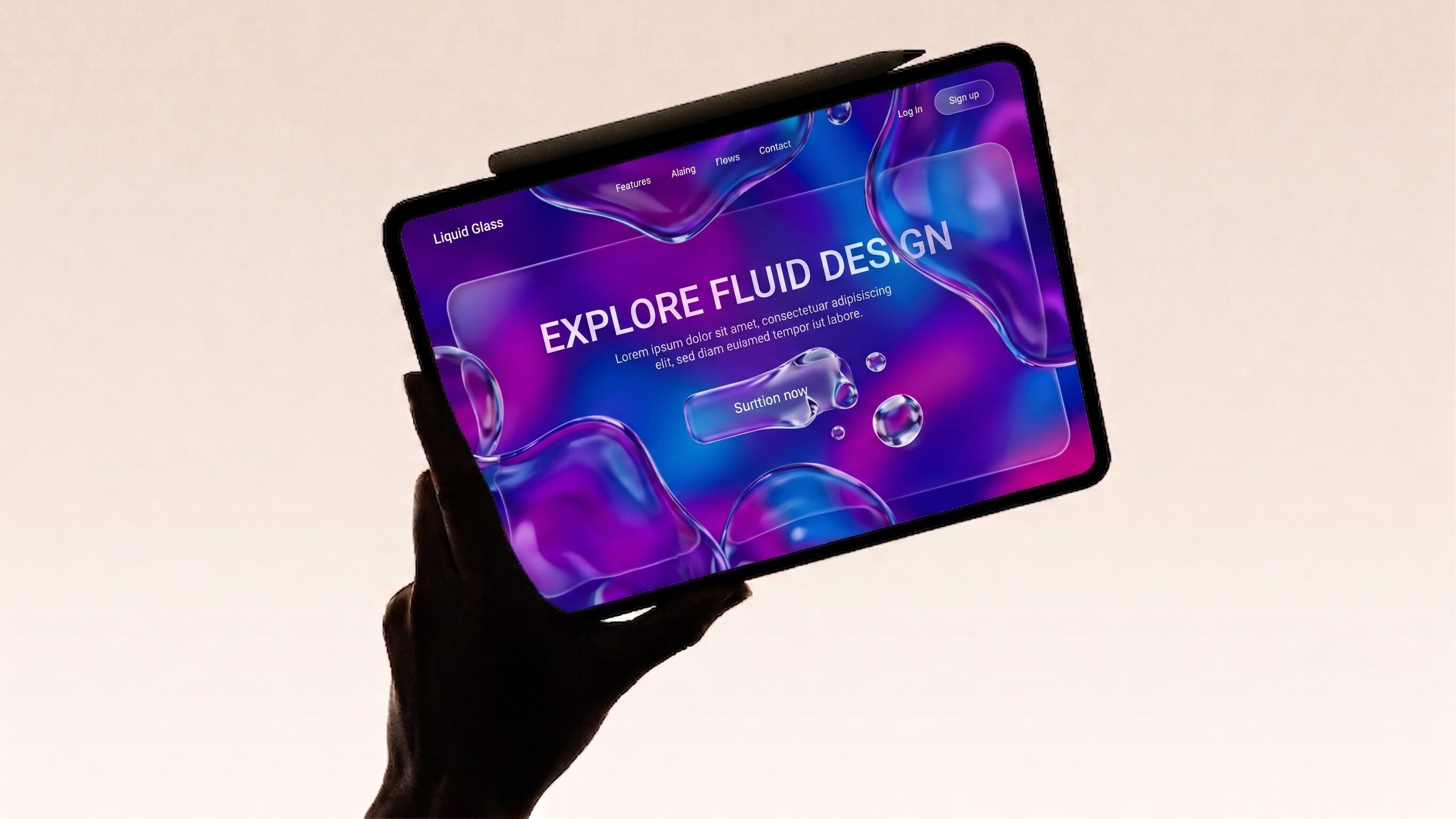 AI generated image to illustrate a more advanced liquid glass UI design concept on a tablet screen